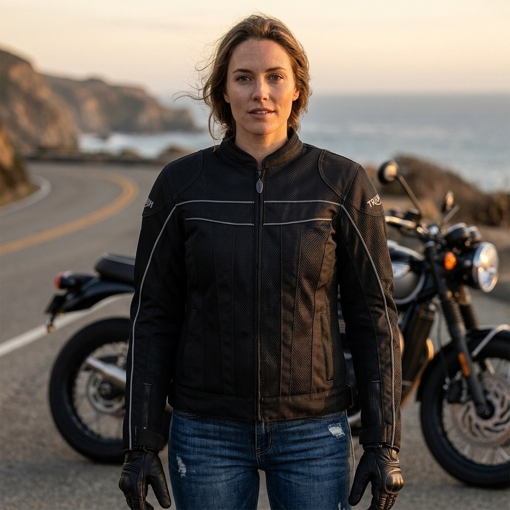 Triumph Motorcycle Riding Jacket Womens Sz L Black Canvas Armored Mesh Windproof